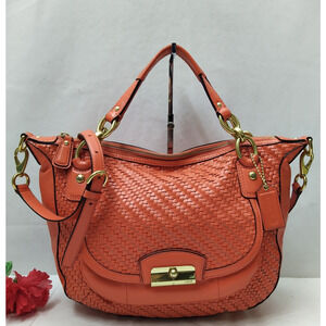 Coach Kristin Orange Woven Leather Double Handles Zipper Satchel Shoulder Bag